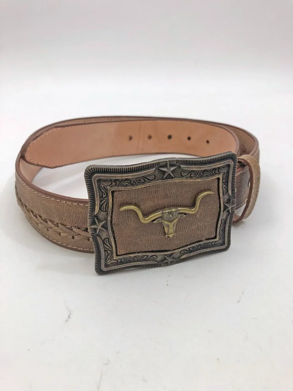 Western leather Belt Size 34 Tan w/Longhorn Buckle & Braided Accent Belt